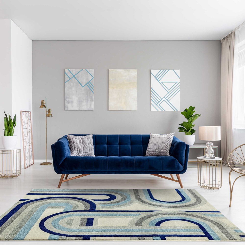 Nova Retro Geometric Rugs NV30 in Blue